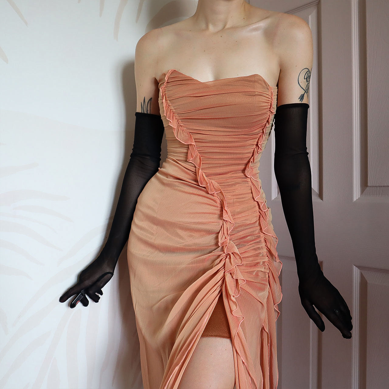 Peach Charas Strapless Lace Up Midi Dress UK 12