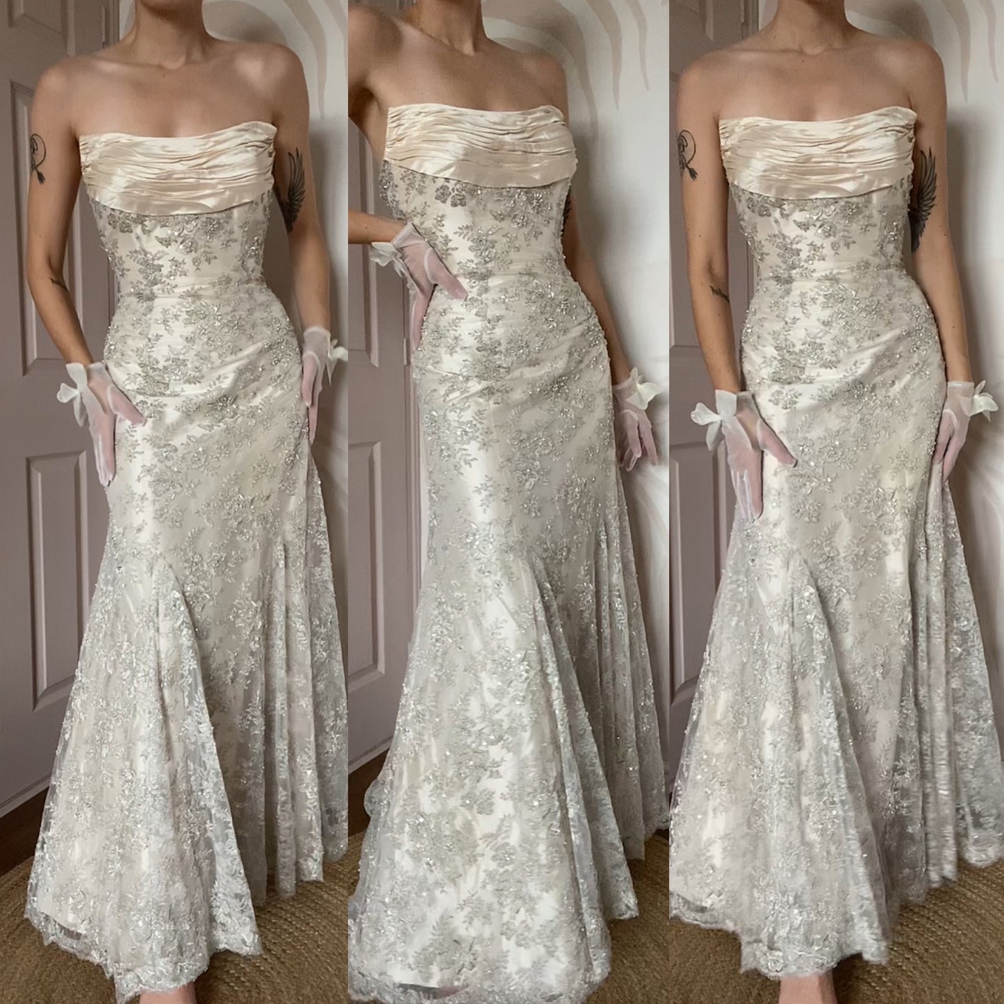 Champagne strapless Ian Staurt lace wedding dress UK 14