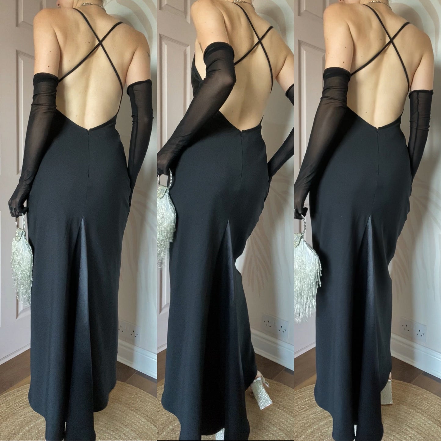 Dawn Stretton black open back evening dress UK 10