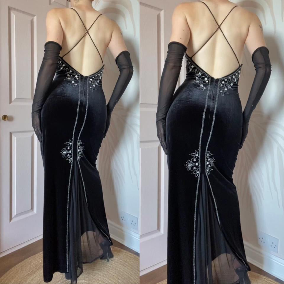 Flori black velvet beaded/gem evening dress UK 14