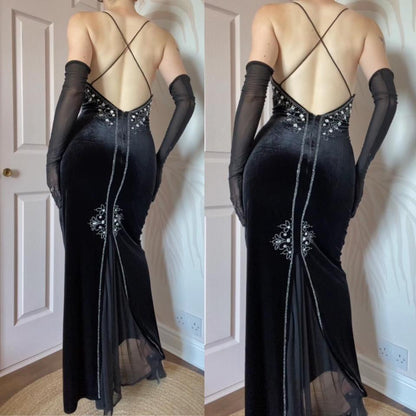 Flori black velvet beaded/gem evening dress UK 14