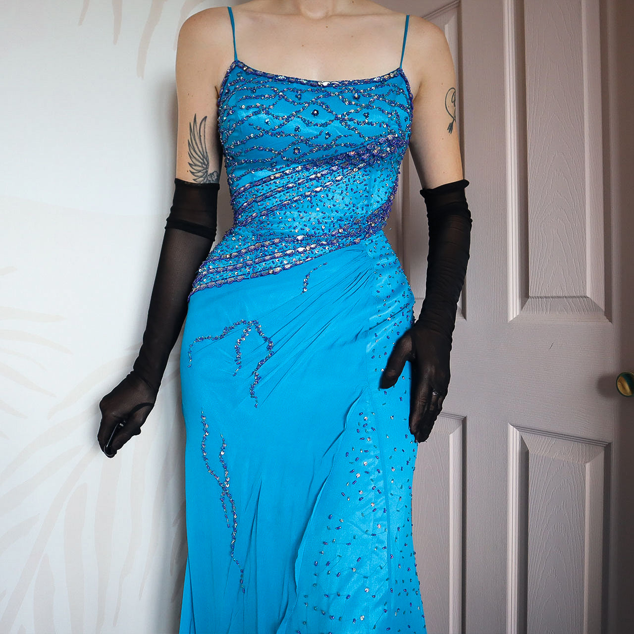 YVE London 100% silk blue beaded gown UK 12