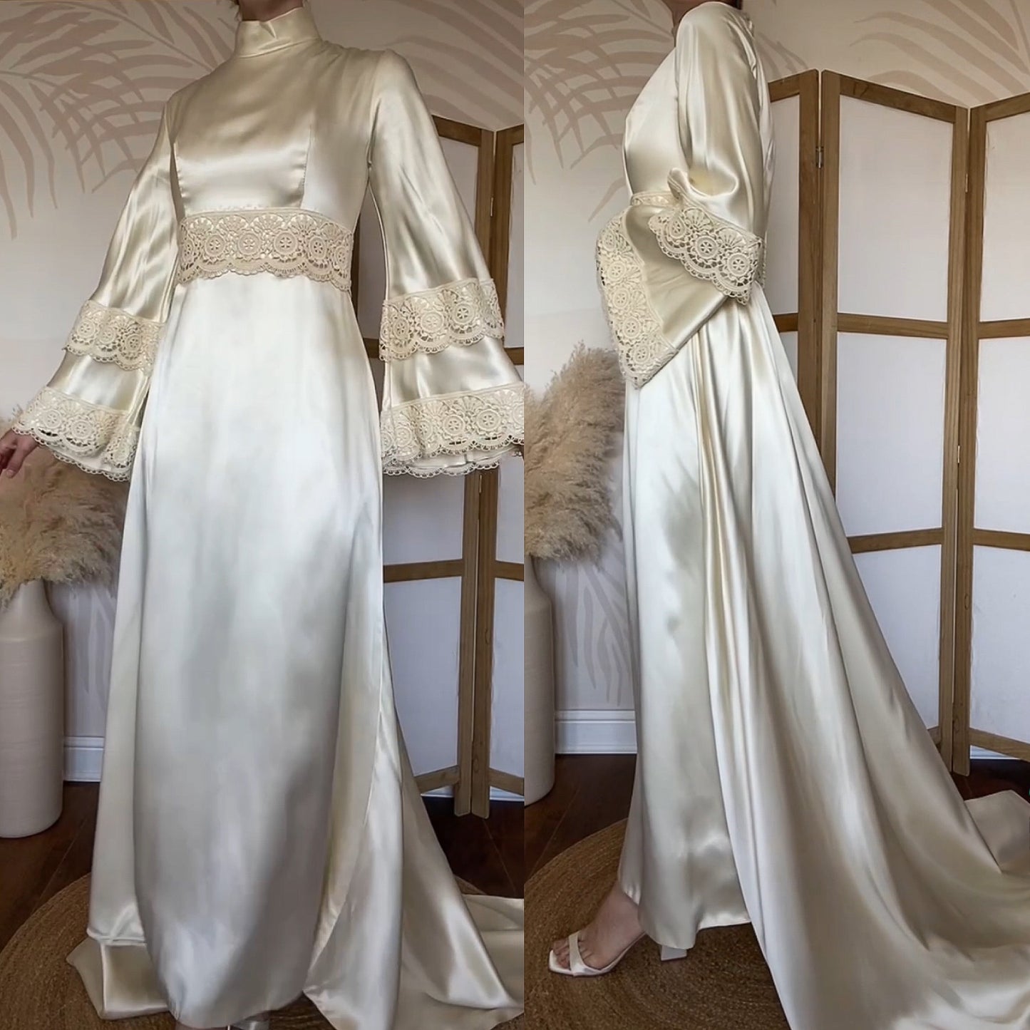Ivory luxury satin long sleeve 70s wedding dress uk 12