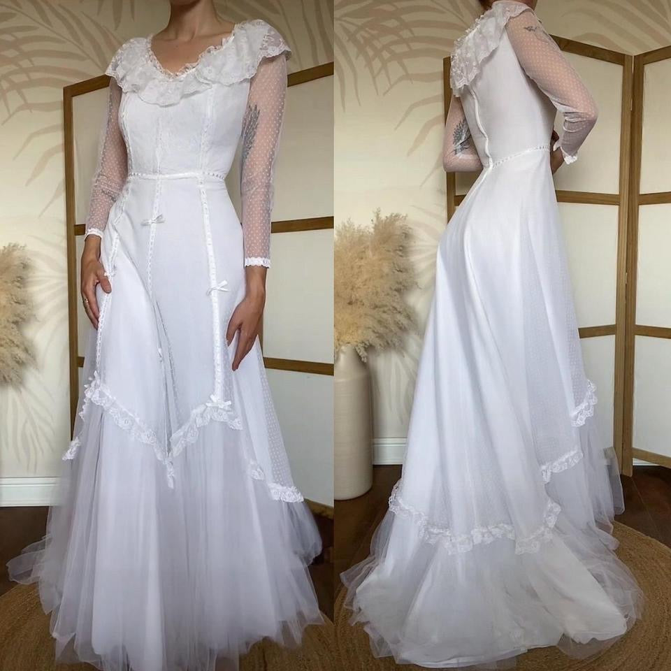 Vintage Ellis 70s white polka dot lace wedding dress uk 10-12