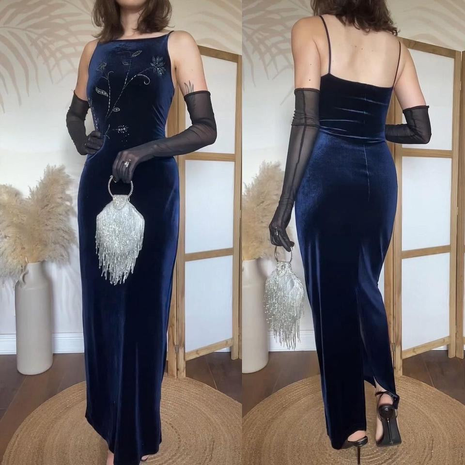 Navy velvet 90s stretch evening dress uk 12