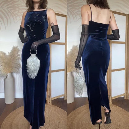 Navy velvet 90s stretch evening dress uk 12