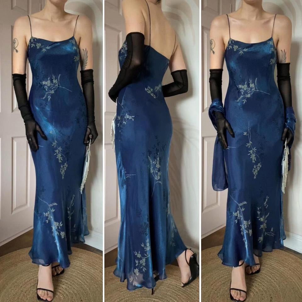 Debut silky blue floral slip dress & shawl UK 10-12