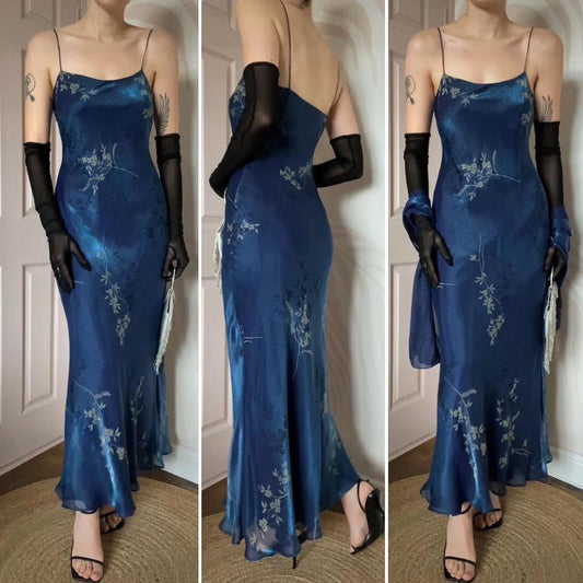 Debut silky blue floral slip dress & shawl UK 10-12