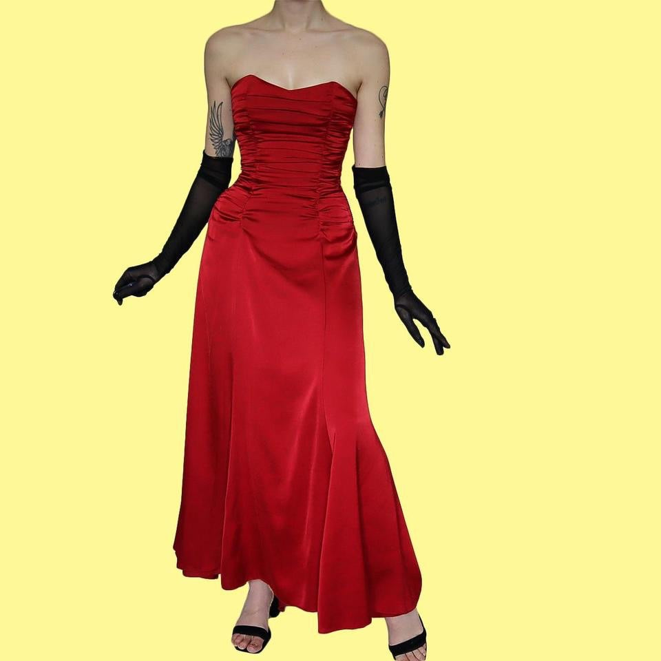 Red strapless lace up back evening gown UK 10