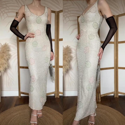 Off white beaded silk floral evening dress UK 10