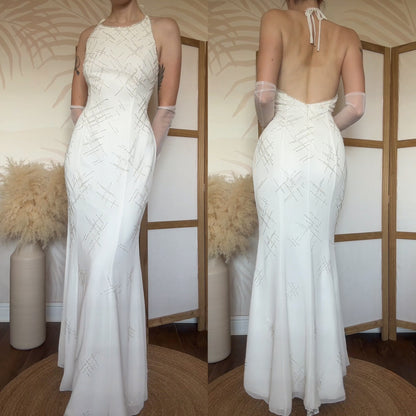 Ivory halter-neck beaded wedding dress uk 12