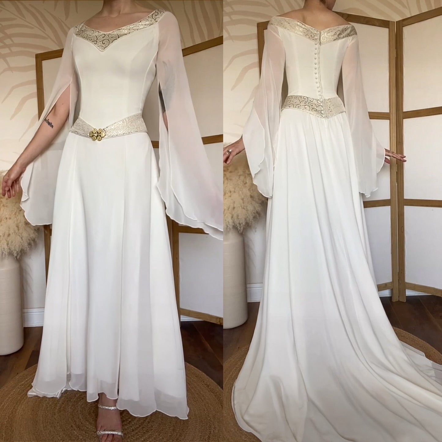 Ivory long sleeve medieval inspired wedding dress uk 10