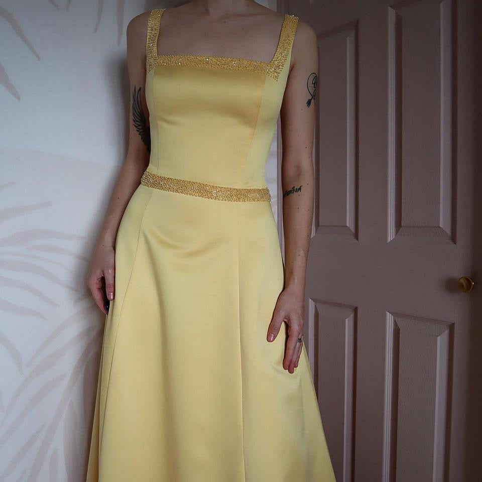 Hilary Morgan yellow a-line dress & shawl UK 16-18