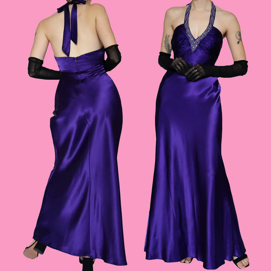 Purple satin halter neck evening gown UK 10