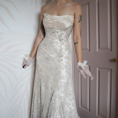 Champagne strapless Ian Staurt lace wedding dress UK 14