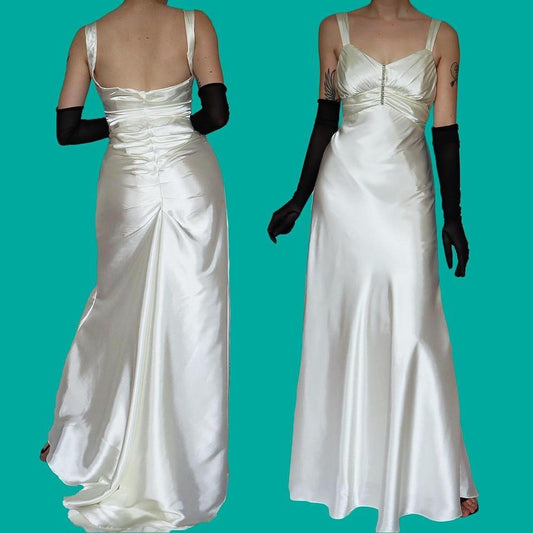 White satin Zum Zum diamanté evening gown UK 10