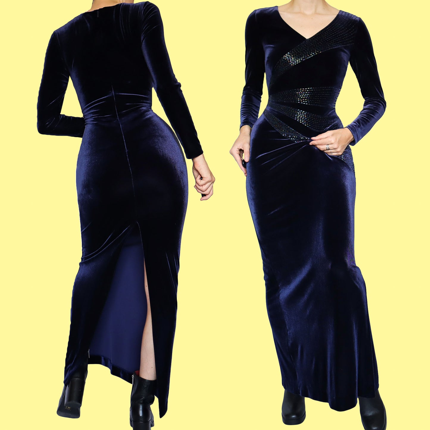 Navy velvet stretch long sleeve beaded evening dress UK 10-12