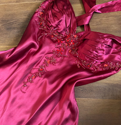 Red satin fishtail prom dress uk 12