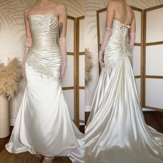 Ivory satin fit & flare wedding dress uk 8-10