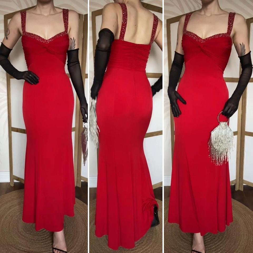Niki Livas red stretch beaded evening dress UK 12
