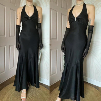 Flori silky black fishtail evening dress uk 8