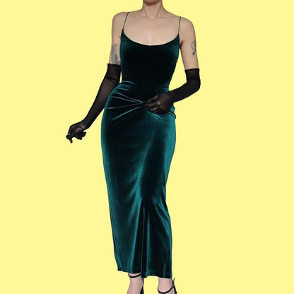 Dark green velvet open back evening dress UK 12-14