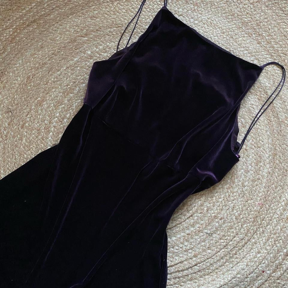 Purple velvet stretch low back evening dress UK 14