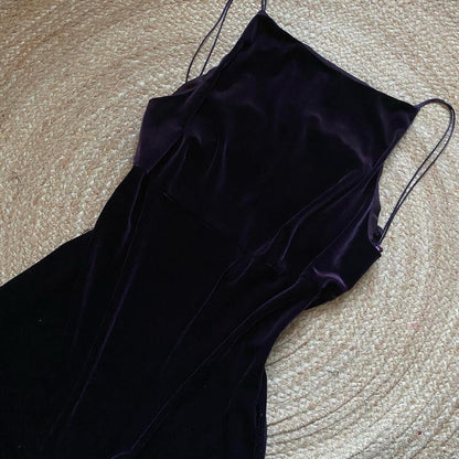 Purple velvet stretch low back evening dress UK 14