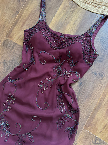 Yve London 100% silk burgundy beaded evening dress uk 10