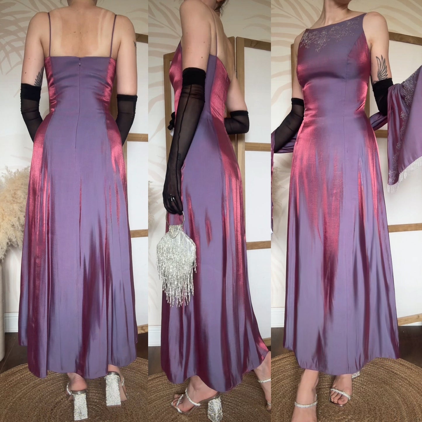 Debut purple iridescent evening dress & shawl uk 12