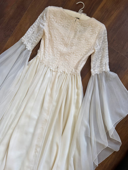 70s long sleeve floral lace wedding dress uk 8-10