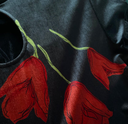 Black velvet floral evening gown UK 14