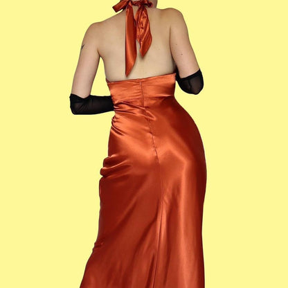 Orange satin halter neck evening dress UK 6/8