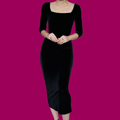 Black velvet stretch body-con dress UK 10 & UK 12