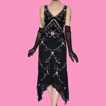 Load image into Gallery viewer, Black 100% silk embroidered midi dress UK 14
