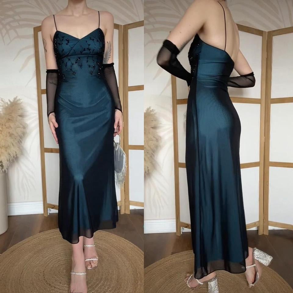 Blue stretch beaded evening midi dress uk 10
