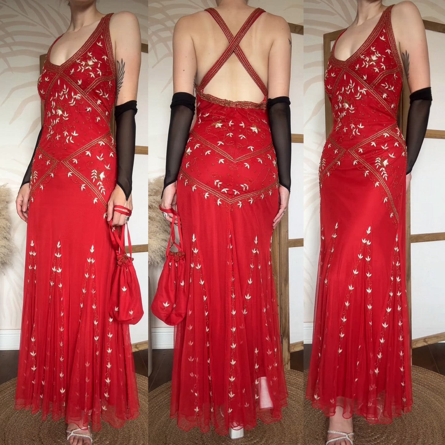 Red y2k beaded stretch evening dress uk 16