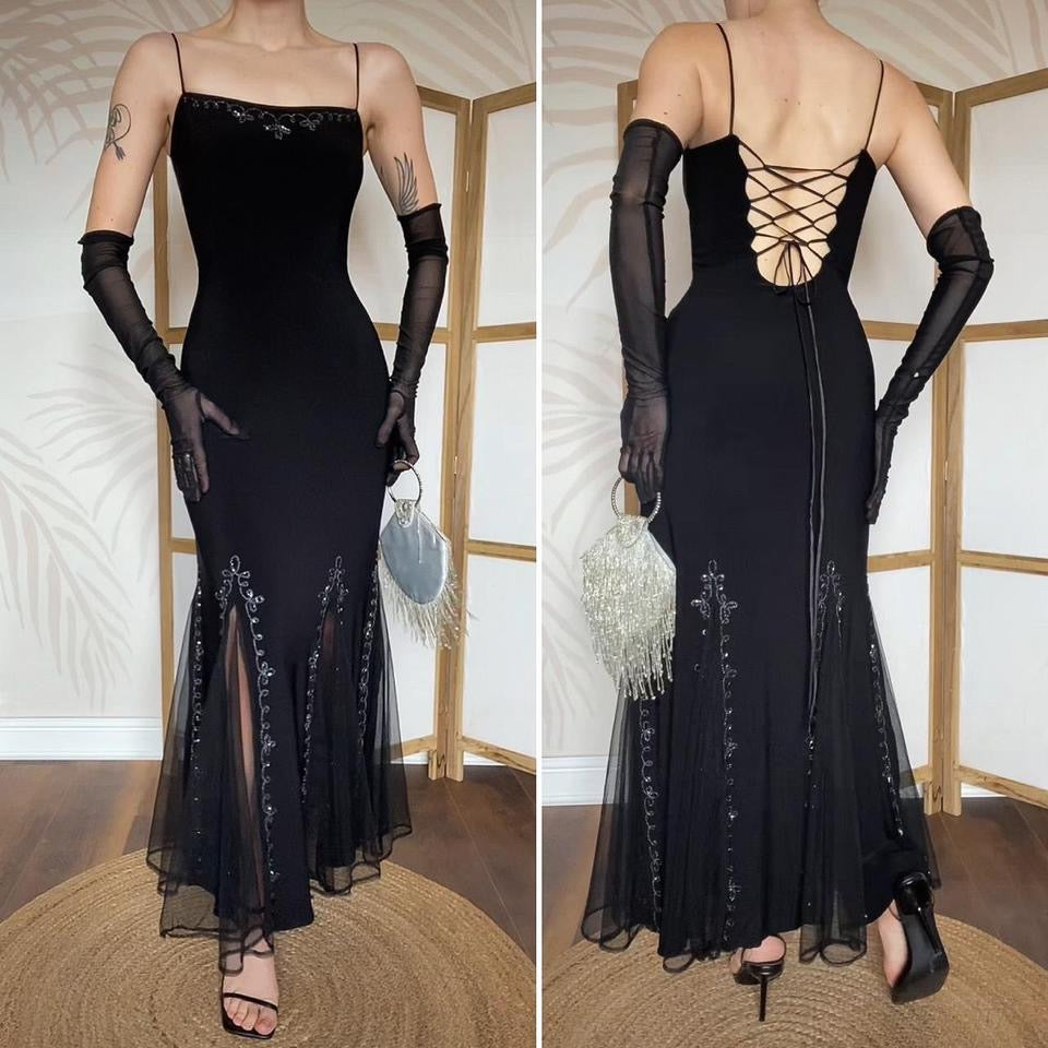 Flori black stretch flared hem evening dress UK 12-14