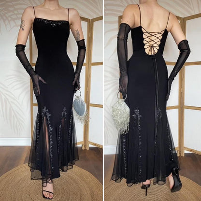 Flori black stretch flared hem evening dress UK 12-14