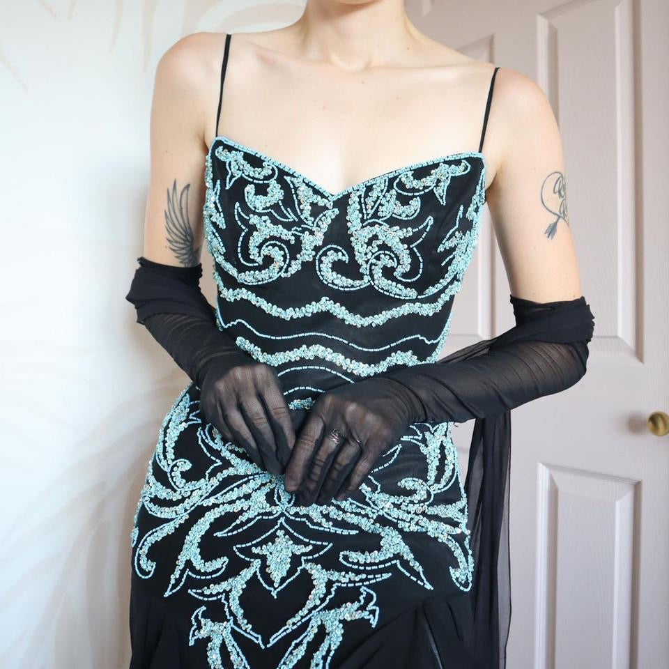 Black evening dress with turquoise beading & shawl UK 12