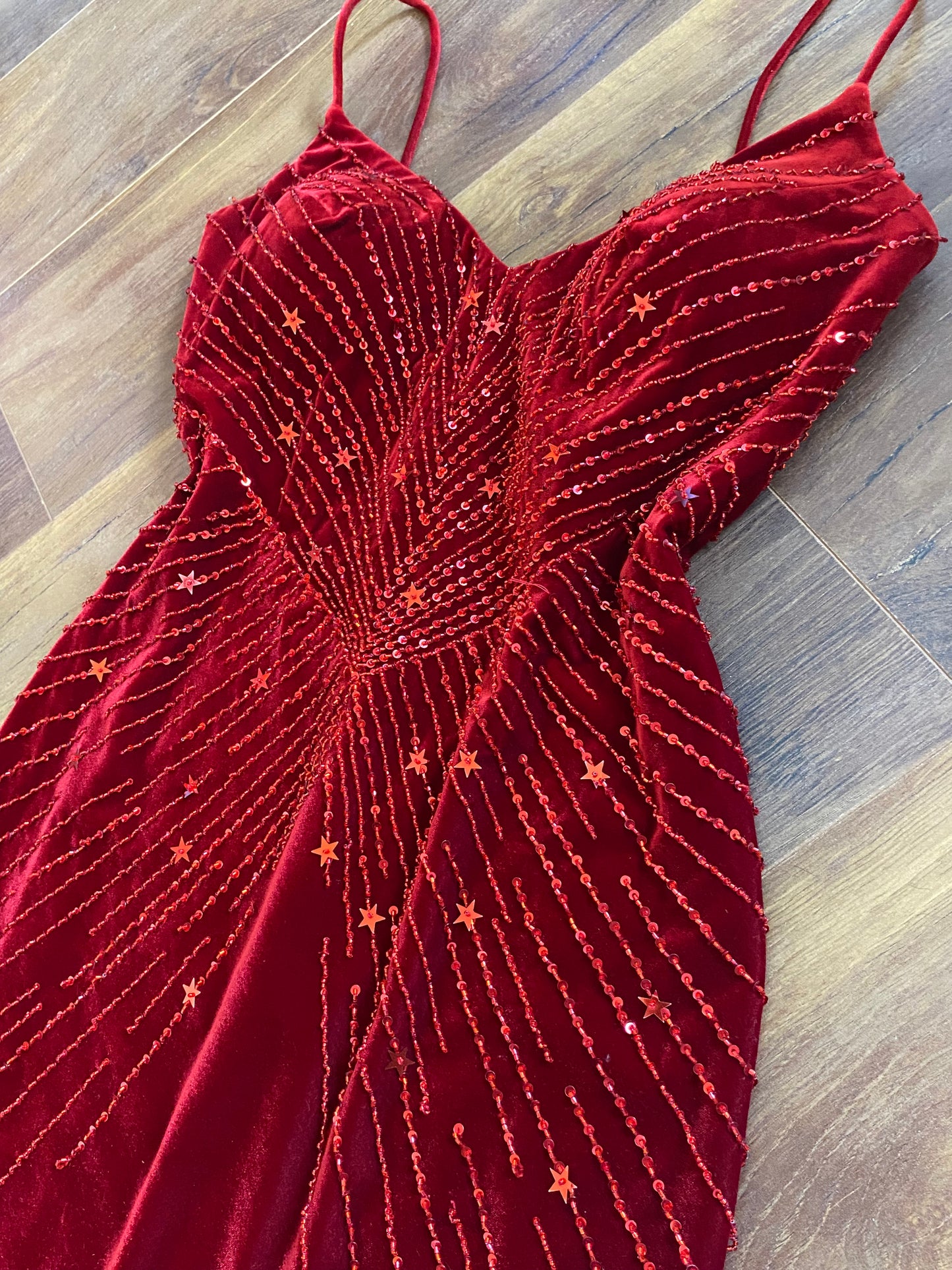 Red velvet stretch beaded party dress uk 10