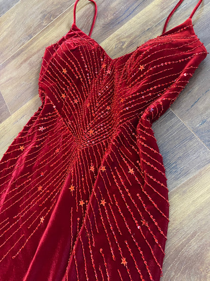 Red velvet stretch beaded party dress uk 10