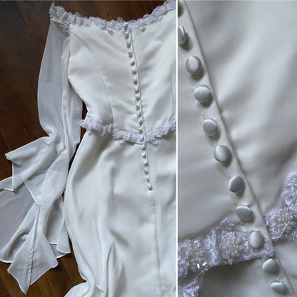 White petite off shoulder long sleeve vintage wedding dress uk 14