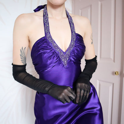 Purple satin halter neck evening gown UK 10