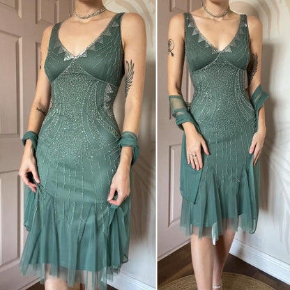 Dusky green beaded petite midi dress UK 14