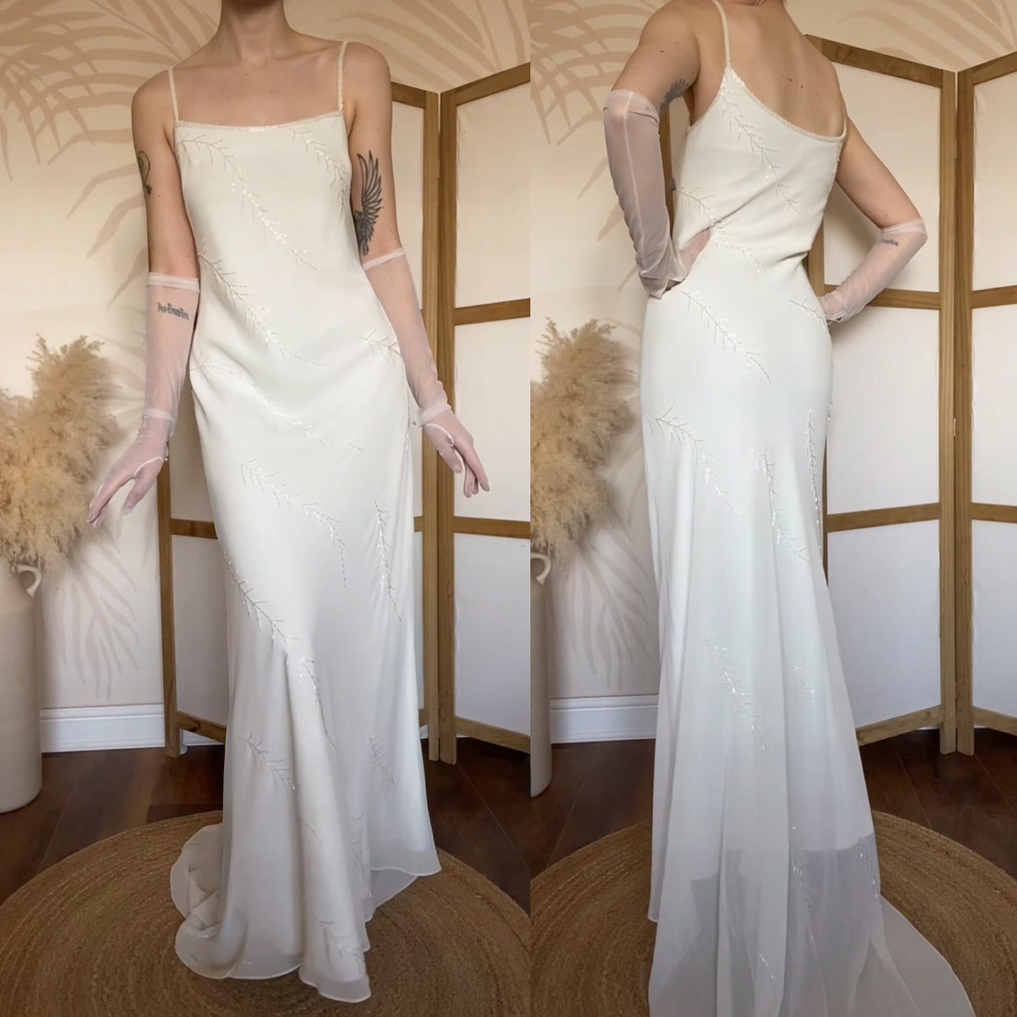 Ivory chiffon beaded wedding dress uk 14