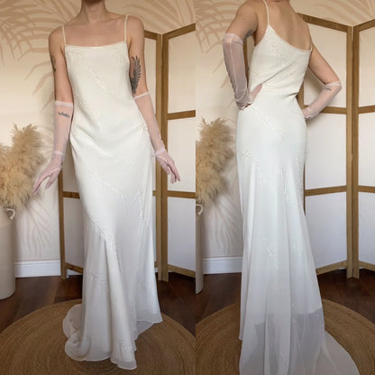 Ivory chiffon beaded wedding dress uk 14
