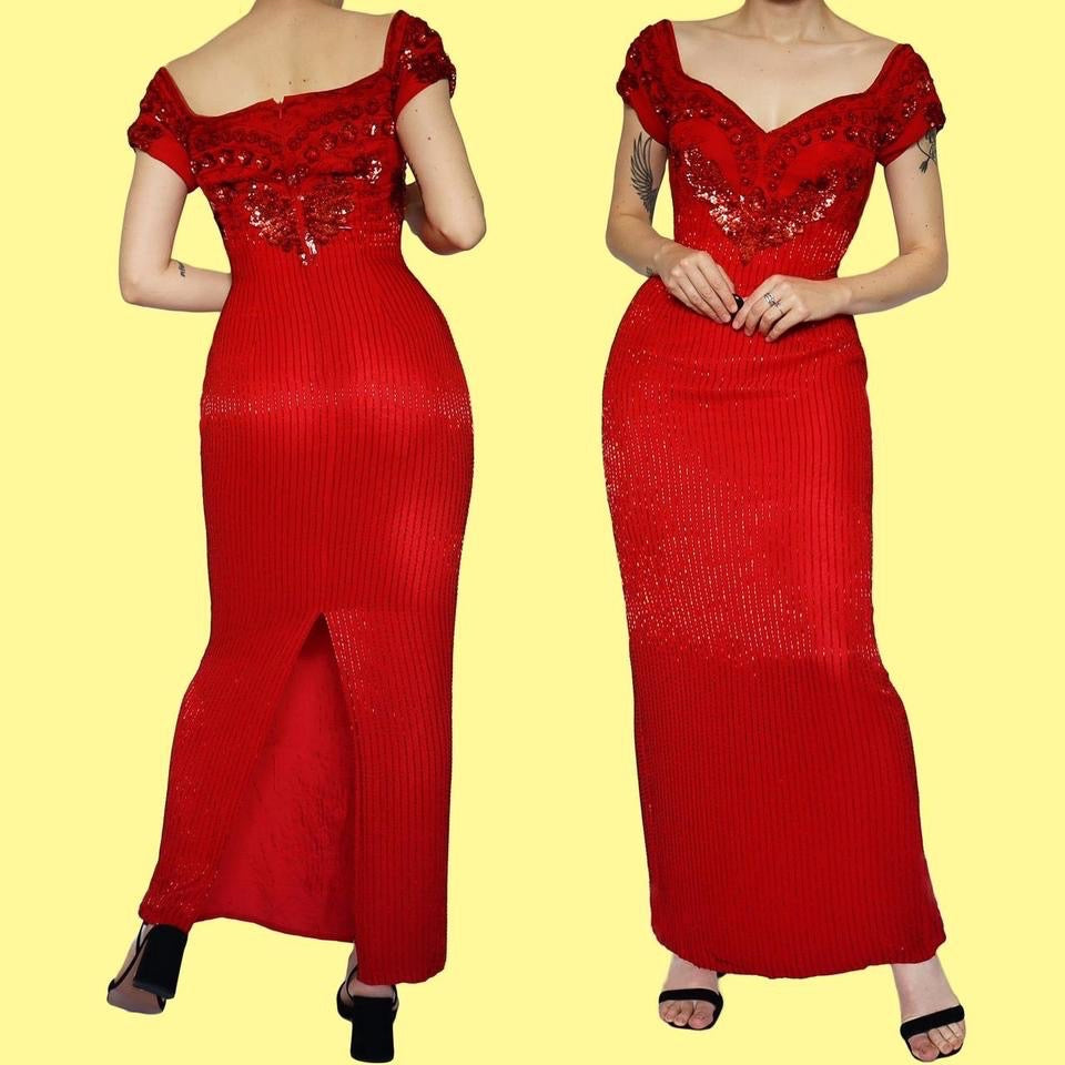 Frank Usher red beaded/sequin evening dress UK 10