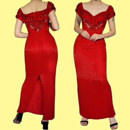 Frank Usher red beaded/sequin evening dress UK 10