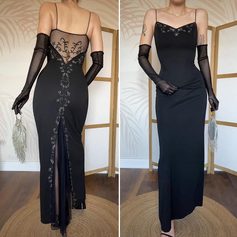 Black Vintage Dave & Johnny Floral embroidered Gown UK 12